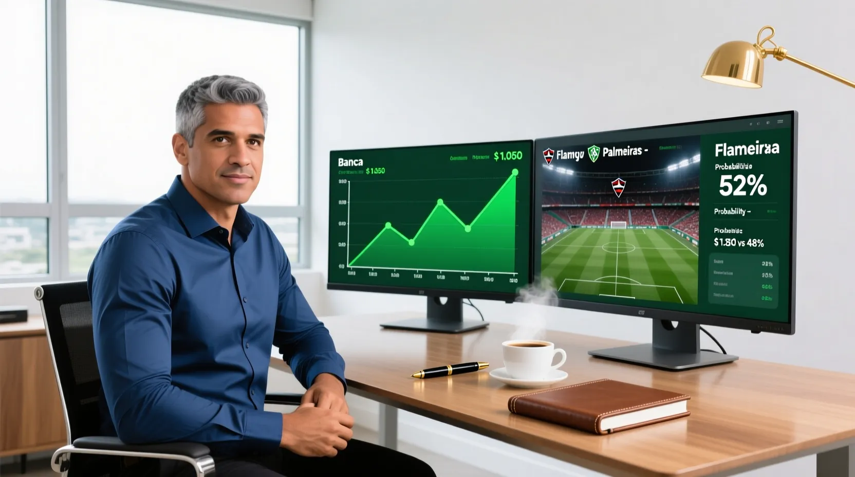 Apostador profissional a analisar dados desportivos num escritório moderno com monitores mostrando gráficos de tendência positiva