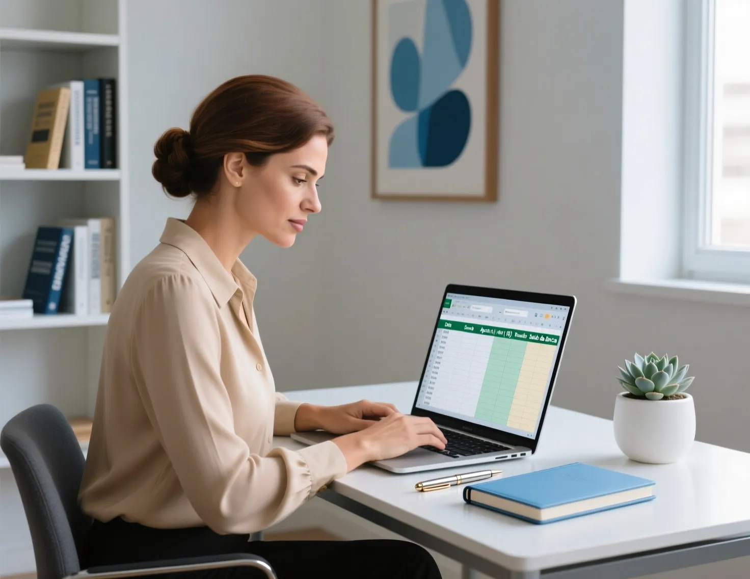 Profissional a trabalhar com folha de cálculo no computador portátil, demonstrando organização e gestão financeira disciplinada