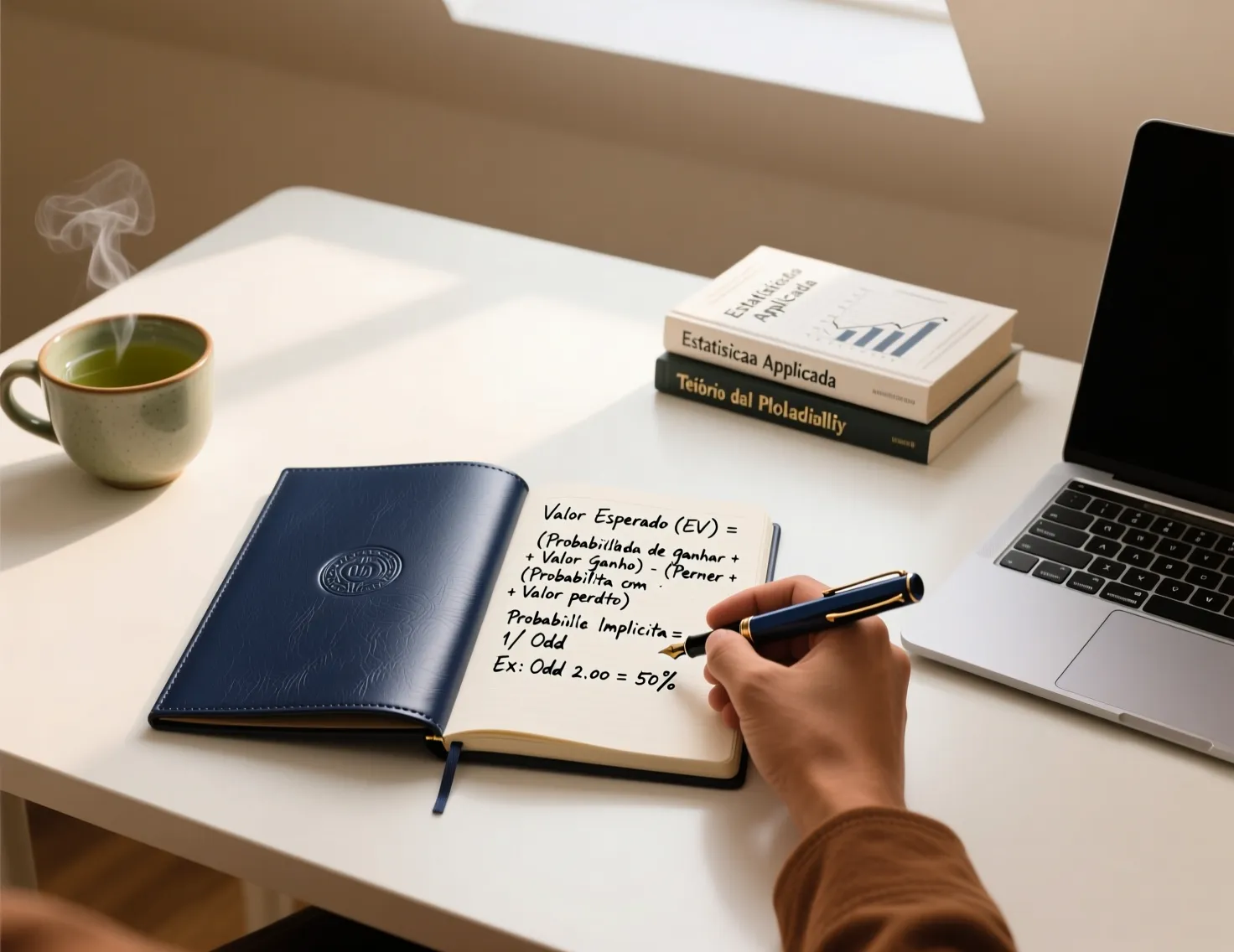 Mesa de trabalho organizada com bloco de notas mostrando cálculos de probabilidades e fórmulas matemáticas simples