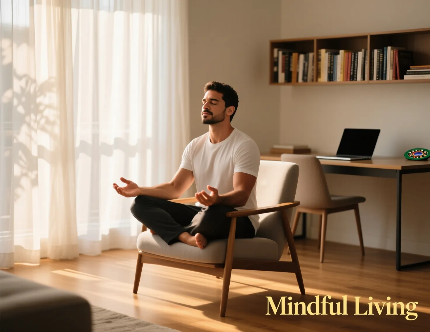 Homem a praticar mindfulness num ambiente calmo e minimalista, representando controlo emocional e pensamento de longo prazo